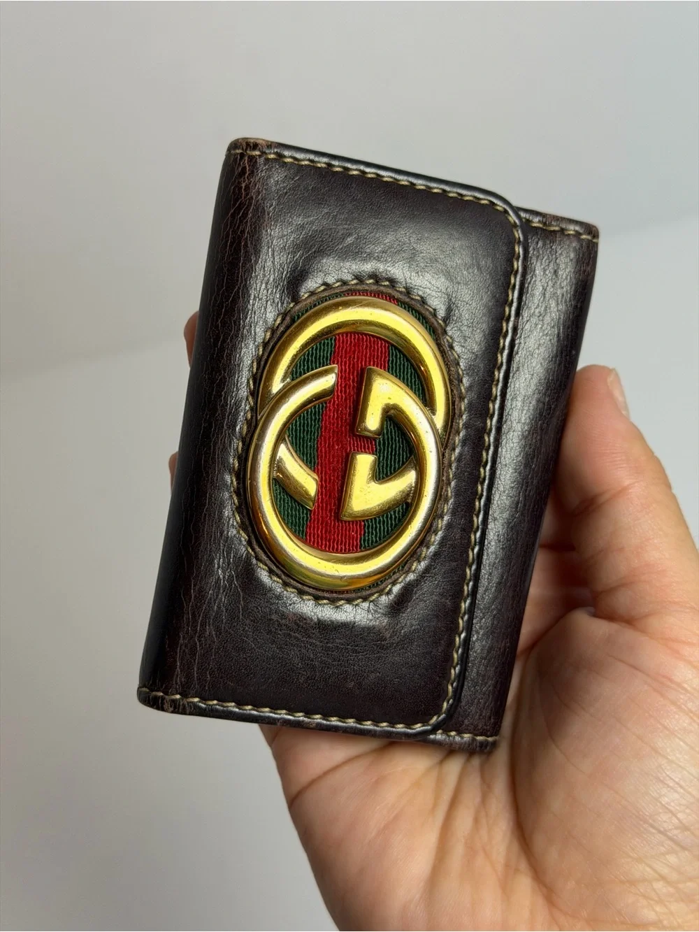 Gucci Vintage Interlocking GG Web Stripe Brown Leather Key Holder Case